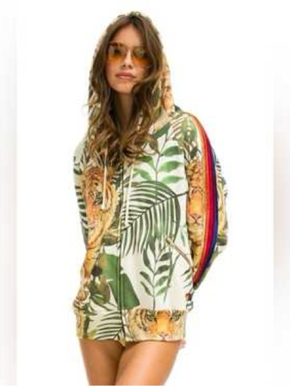 Aviator Nation Jungle Tiger Classic Vintage White Full Zip Hoodie Unisex XS